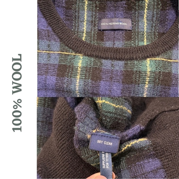 100% Wool Plaid Crewneck Sweater | Navy & Green | Classic Look | Size Large - Picture 8 of 8